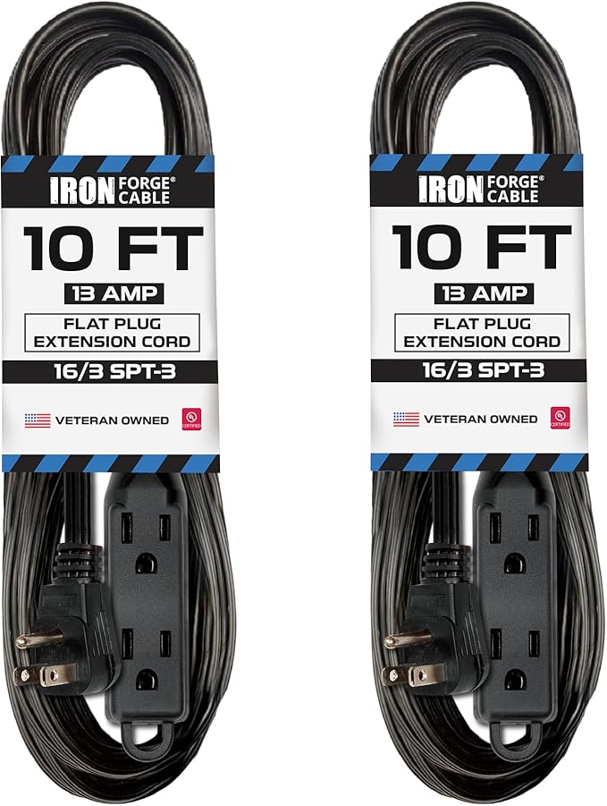 Iron Forge Cable 2 Pack 10 ft Flat Plug Black Extension Cord with 3 Outlets - 16/3 SJTW 3 Prong Indoor Extension Cord with Multiple Outlets