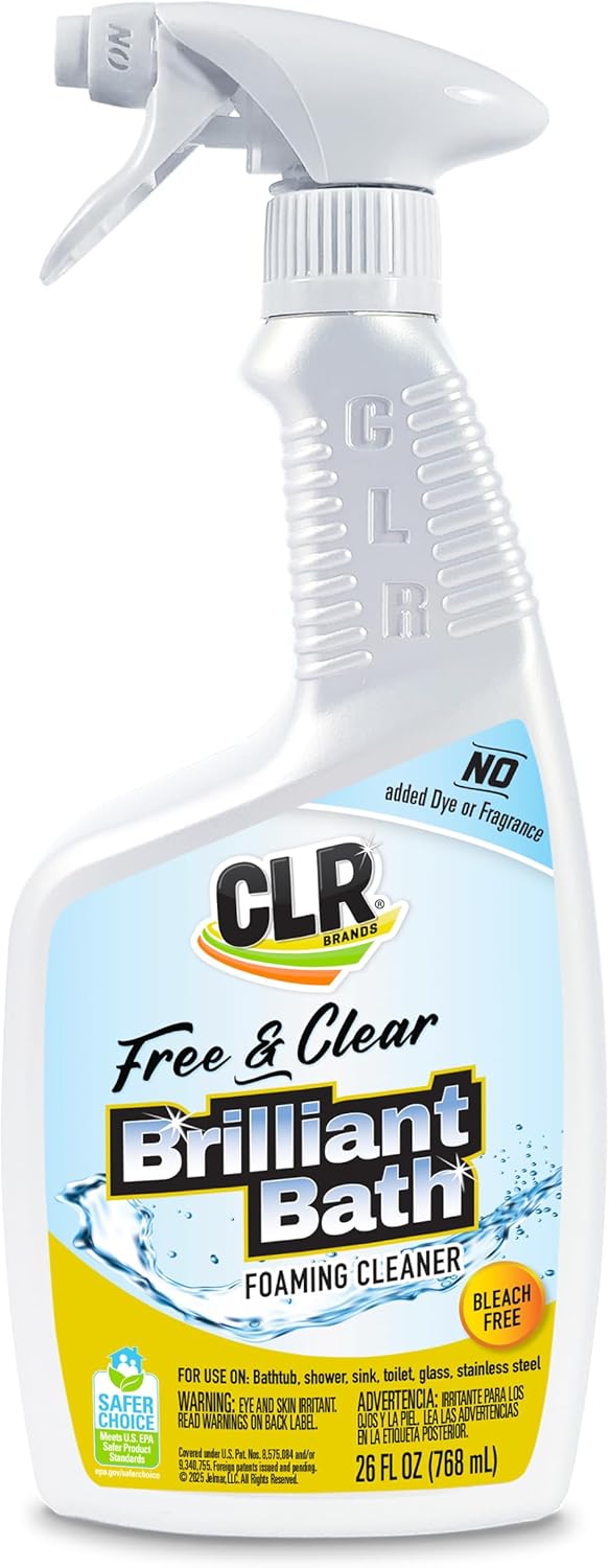 CLR Brands® Brilliant Bath Foaming Bathroom Cleaner Spray Free & Clear, No Added Dyes or Fragrances, Soap Scum and Hard Water Stain Remover, Use on Showers, Baths, Toilets and More, 26 Oz (Pack of 1)