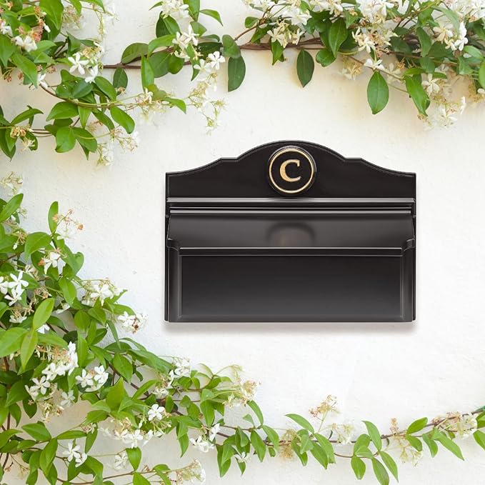 Whitehall Custom Wall Mount Mailbox Package - Mail Box with Monogram, Sand Cast Aluminum, Classic Design Black Personalized in Goldtone