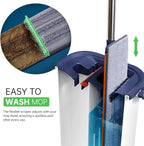 Mop and Bucket Set with Wringer for Home, 360° Flat Squeeze Mop with Long Handle and 6 Microfiber Cloths for Floor Cleaning (White+Blue, Square Bucket and 15.7'' Mop Head)