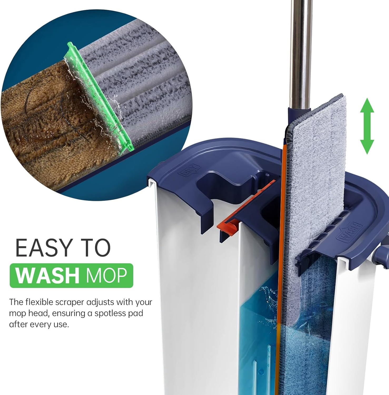 Mop and Bucket Set with Wringer for Home, 360° Flat Squeeze Mop with Long Handle and 6 Microfiber Cloths for Floor Cleaning (White+Blue, Square Bucket and 15.7'' Mop Head)