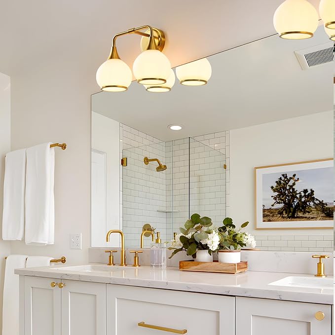 Brushed Gold Bathroom Light Fixtures 2-Lights Vanity Lights with Milky White Frosted Glass Shade Bathroom Vanity Light 14 inch Wall Sconce Lighting Bath(Exclude E26 Bulb)