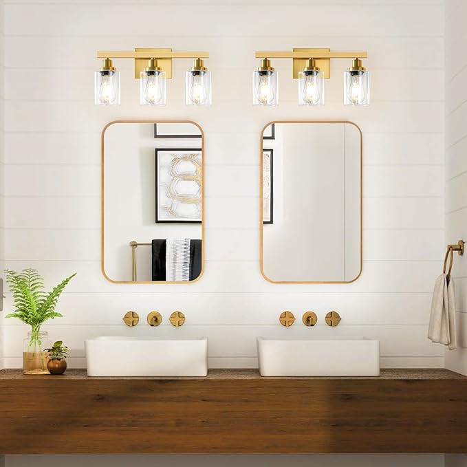 3 Light Gold Bathroom Light Fixtures, Bathroom Vanity Light Over Mirror, Gold Wall Sconce Vanity Lighting with Clear Glass Shade,Modern Farmhouse Bath Wall Lamp for Mirror Kitchen