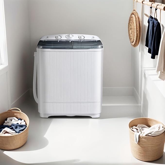 Portable Mini Twin Tub 32lbs Washing Machine With Drying Rack& 10 Hangers, 20lbs Washer & 12lbs Spinner, Small Laundry Washer with Time Control for Camping, Apartments, RV (32lbs)