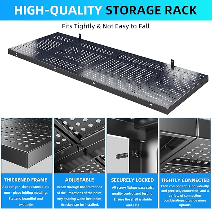 2-Pack 1.64x4ft Heavy Duty Adjustable Garage Wall Shelving, 520 lbs Load Capacity, Garage Shelving Wall Mounted, Floating Storage Rack with Hooks (Balck)