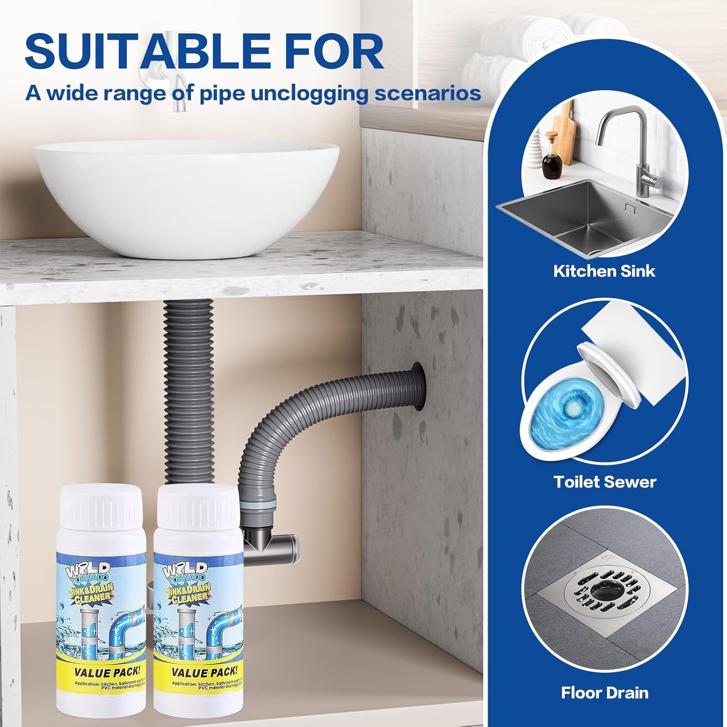 Wild Tornado Pipe Dredge, Powerful Sink and Drain Cleaner, Drain Cleaner Powder, Quick Sink Unblocker for Kitchen Toilet Pipes (2pcs)