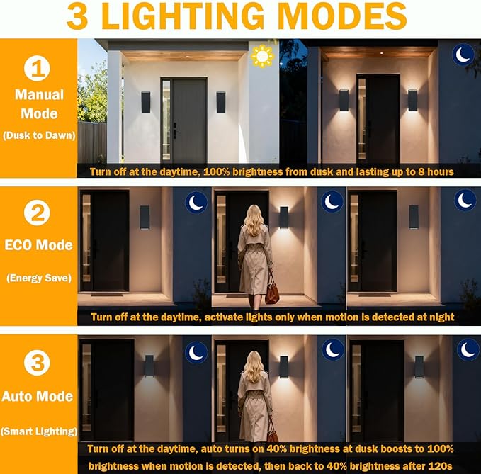Motion Sensor Outdoor Wall Light with 3 Light Modes, Dusk to Dawn Modern Aluminum Sconce with E26 Bulbs, Waterproof Exterior Lighting for Porch, Garage, Patio, Entryway, ETL Listed