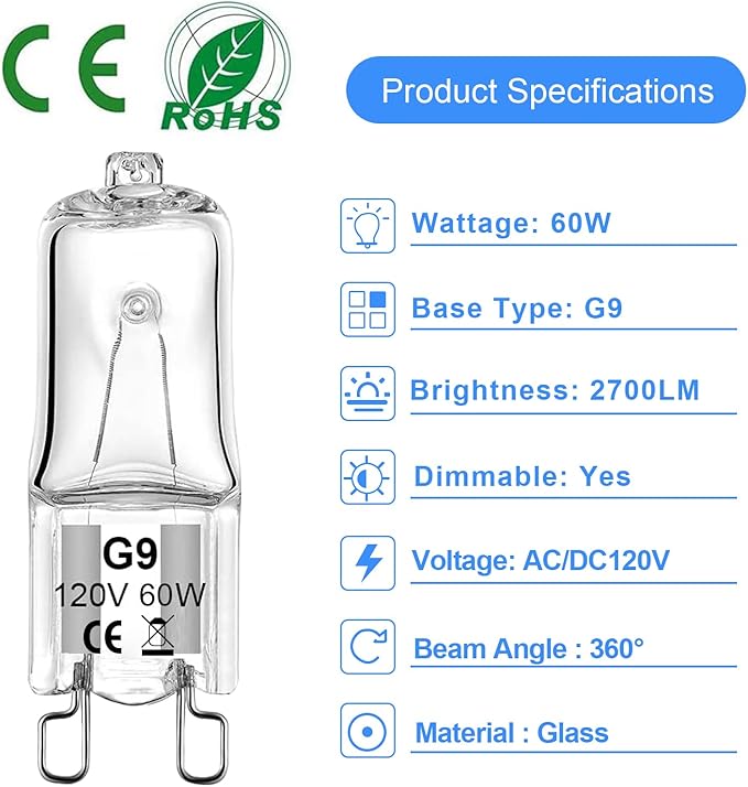 G9 Bulb 60W G9 Halogen Light Bulbs 2 Pin for Range Hood Lights, Microwave Ovens, Bathroom Light Bulbs, Chandeliers 120V 2700K Warm White 12 Pack