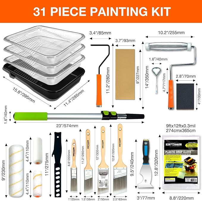 King Origin 31 Piece Paint Roller Kit, 9" & 4" Paint Rollers, Brushes, Extension Pole, Paint Trays & Accessories | Professional House Painting Supplies for Walls, Ceiling & Trim