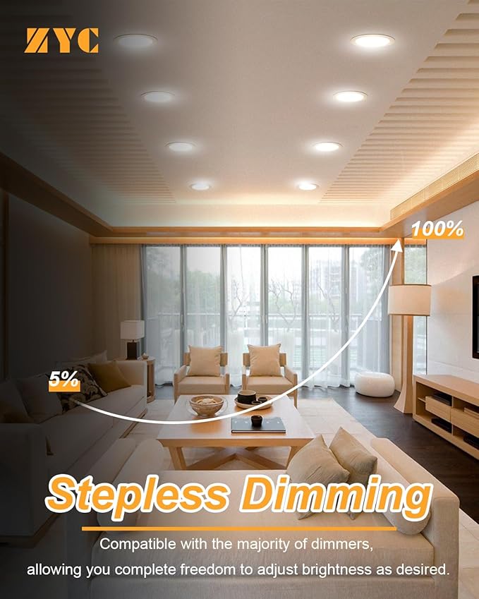 ZYC 8 Inch Recessed Lighting - 18W 1802LM Black Recessed Lighting,Dimmable 5CCT 2700K/3000K/3500K/4000K/5000K Selectable,IC Rated,Ultra-Thin Dimmable Canless Wafer Downlight Pack of 6 White.