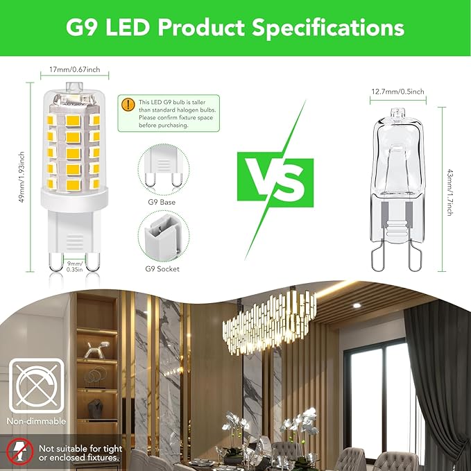 BUBO G9 LED Bulb 3000K Warm White 430 Lumens, 3W Equivalent 40W T4 G9 Halogen Replacement, 360°Beam Angle 120V Non-Dimmable No-Flicker G9 Light Bulbs for Crystal Chandelier Lighting, 10 Pack