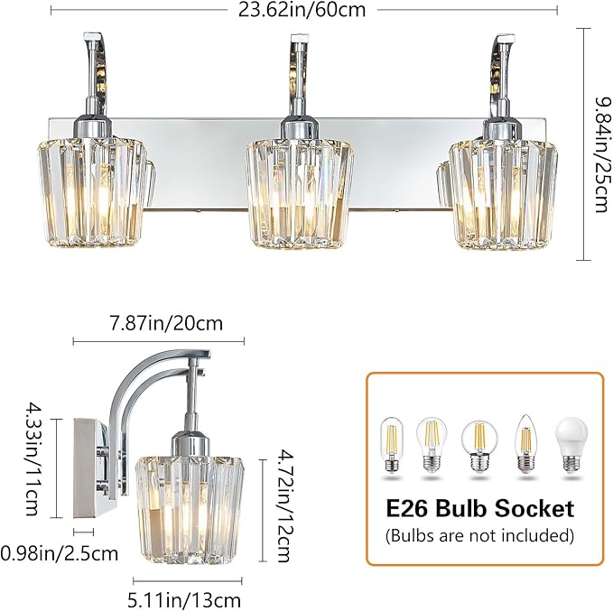 Modern Bathroom Vanity Light, 3-Light Chrome Wall Sconce with Crystal Accents, Over Mirror Bathroom Lighting Fixture, 23.62" Long Dimmable Vanity Lamp for Makeup, Easy Installation