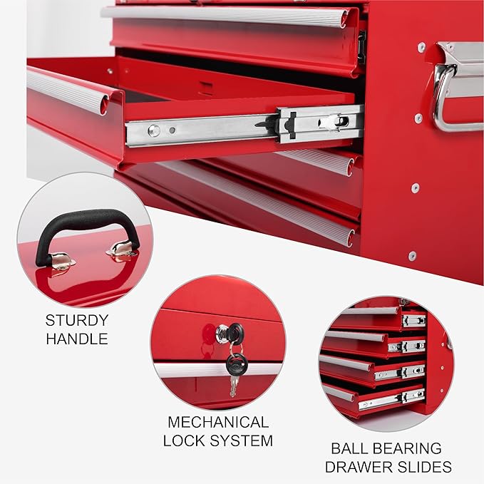 4 Drawers Metal Tool Box, 21" Portable Steel Tool Chest w/Key Lock & Latch Closure, Multi-Function Top Storage Tray Toolbox w/Powder Coating & Ball Bearing Slides for Garage & Workshop (Red)