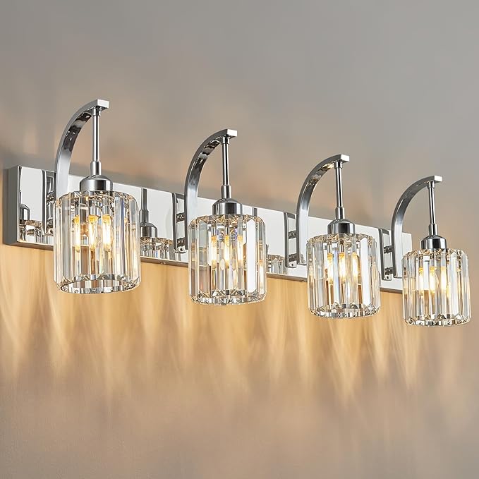 4-Light Crystal Vanity Light, Modern Chrome Bathroom Wall Sconce with K9 Crystal Shades, 32.67" Long Over Mirror Lighting for Vanity, Makeup, Hallway, Elegant & Easy Install