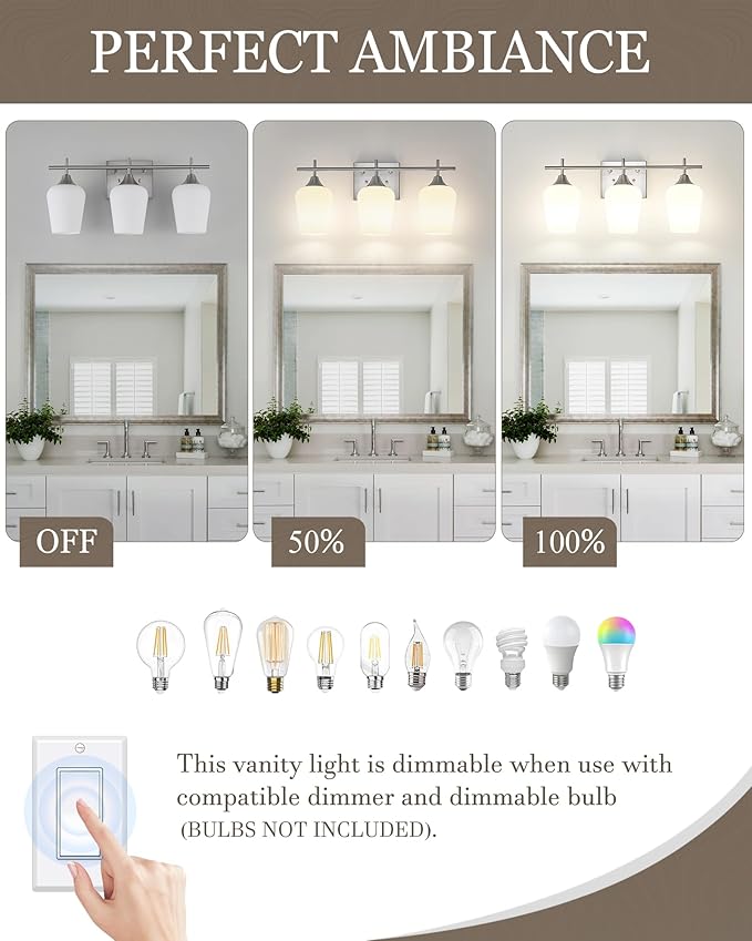 3 Light Bathroom Light Fixtures Over Mirror, 21 Inch Brushed Nickel Bathroom Vanity Lights, Modern Bath Wall Sconces with Frosted Glass Shade, OS-YQ9167-3BNW