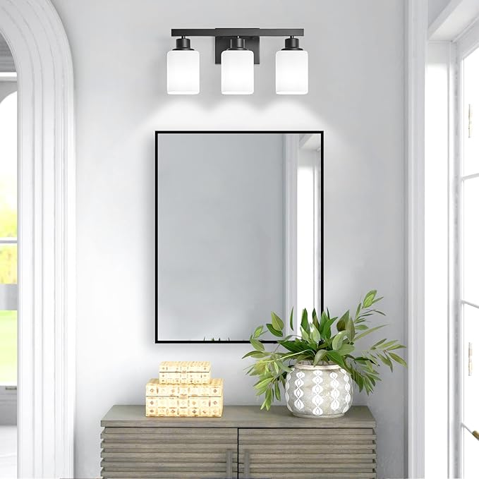 3-Light Bathroom Vanity Light,Modern Matte Black Bathroom Light Fixtures with Square Frosted Glass,Wall Sconces Lighting fixtures Over Mirror Restroom, Living Room Hallway