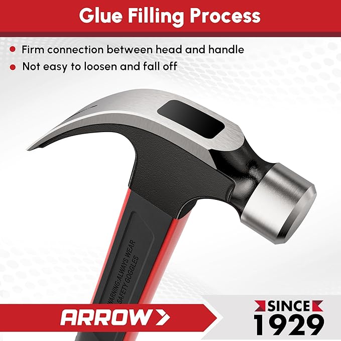 ARROW 16oz Claw Hammer with Shock-Absorbing Fiberglass Handle, Smooth Face and Forged Steel Head, Curved Claw Hammer for Carpentry and General Purpose