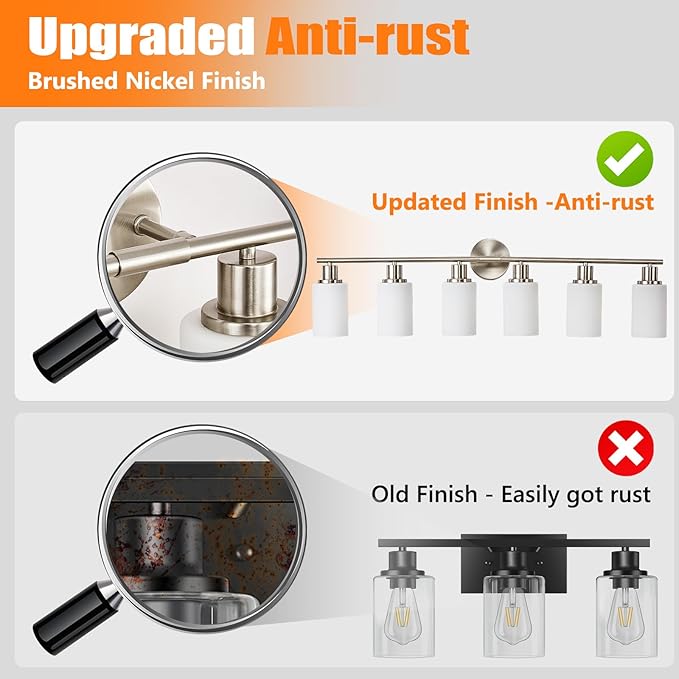 DLLT 6-Light Bathroom Light Fixtures: Nickel Modern Vanity Lights with E26 Bulbs - Milky White Glass Shade Bathroom Wall Lamp for Mirror Kitchen Living Room Hallway Cabinet Porch