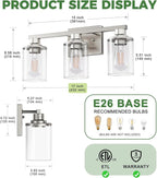 DORESshop 17 Inch Bathroom Light Fixtures, 3-Light Nickel Bathroom Lighting Fixtures Over Mirror with Clear Glass Shade, Vanity Lights for Living Room Bedroom