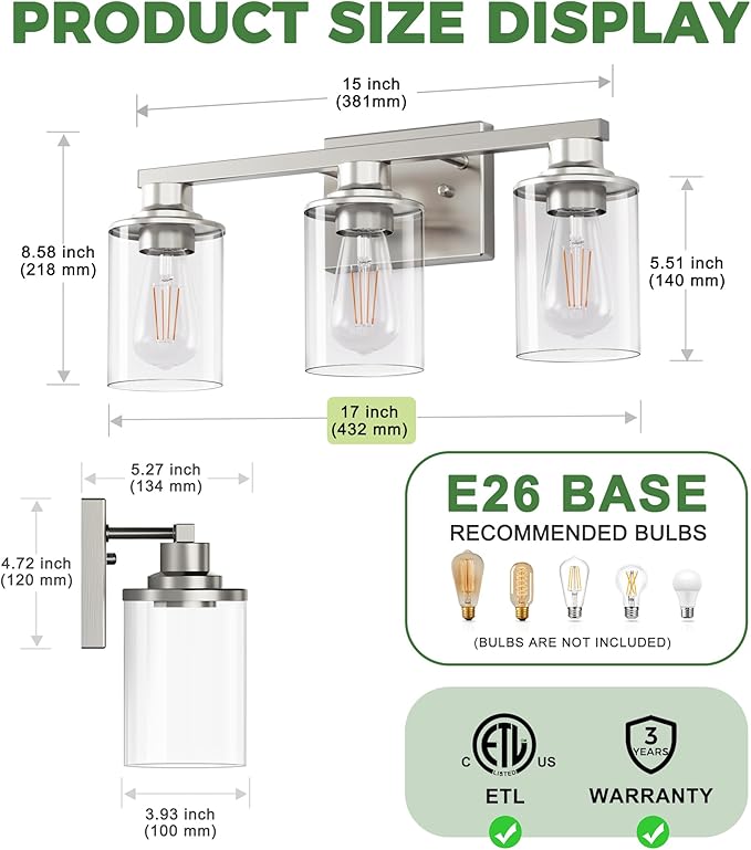 DORESshop 17 Inch Bathroom Light Fixtures, 3-Light Nickel Bathroom Lighting Fixtures Over Mirror with Clear Glass Shade, Vanity Lights for Living Room Bedroom