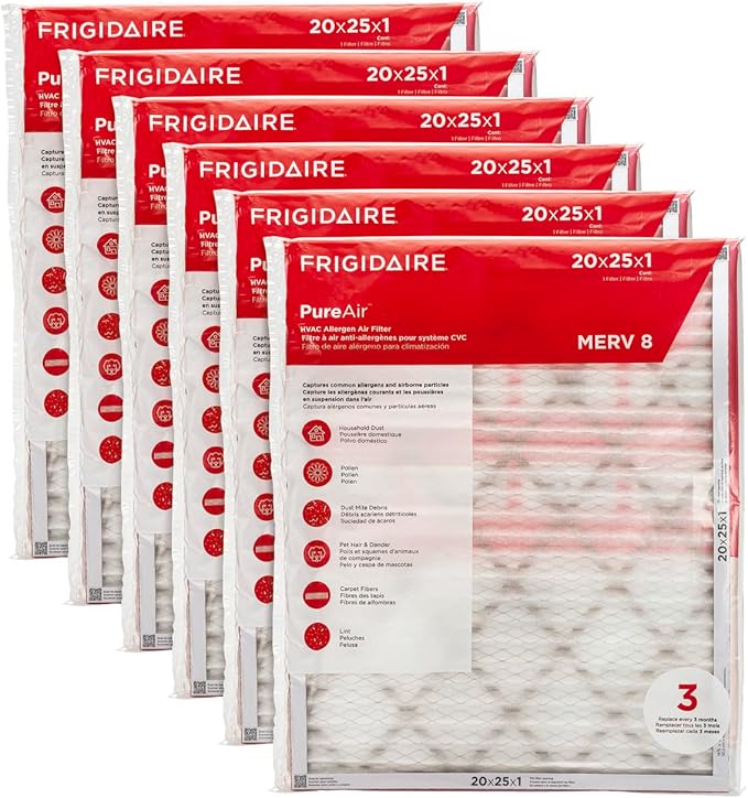 Frigidaire PureAir® 20x25x1 MERV 8 Allergen Electrostatic Pleated Air Conditioner HVAC AC Furnace Filters - 6 Pack (exact dimensions 19.81 X 24.81 X 0.81)