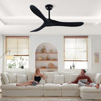 52" 3 Blade Ceiling Fan Without Light, Farmhouse Rustic Wooden Flush Mount Ceiling Fan no Light with Remote for Indoor/Outdoor - High End Silent Operation, Black, 52 Inch