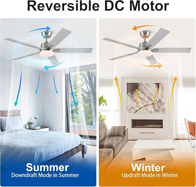 52 Inch Ceiling Fans with Lights and Remote, Brushed Nickel Ceiling Fan, 6 Speed Reversible DC Motor, 3CCT Dimmable LED, Modern Design for Bedroom, Living room & Covered Outdoor,Includes Downrod