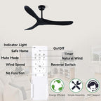 52" 3 Blade Ceiling Fan Without Light, Farmhouse Rustic Wooden Flush Mount Ceiling Fan no Light with Remote for Indoor/Outdoor - High End Silent Operation, Black, 52 Inch