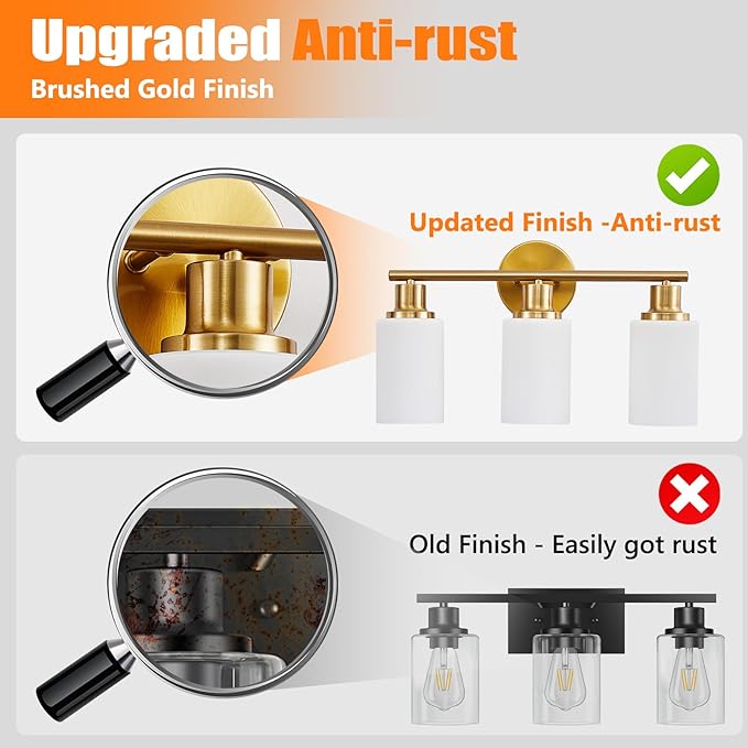 DLLT 3-Light Bathroom Light Fixtures: Gold Modern Vanity Lights with E26 Bulbs - Milky White Glass Shade Bathroom Wall Lamp for Mirror Kitchen Living Room Hallway Cabinet Porch