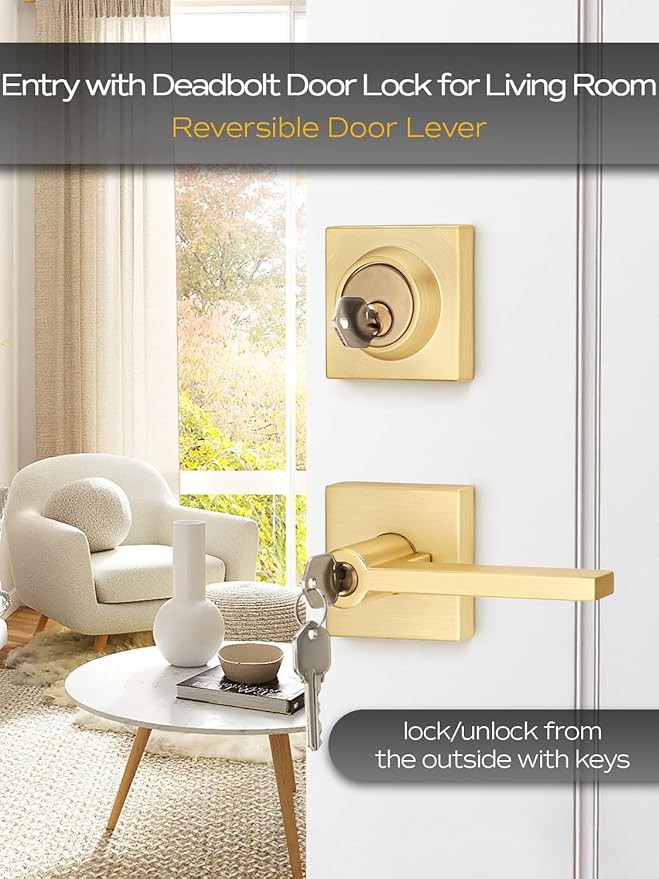 4 Sets Entry Door Handle and Single Cylinder Deadbolt Lock and Key Combo Pack - Heavy Duty Square Locking Lever Set - Interior/Exterior Door Levers in Satin Brass Finish