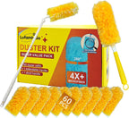 60ct 360° Heavy Duty Duster Refills Kit for Swiffer Duster, 4X Dust Capture Power with Microfiber, Disposable Feather Dusters for Cleaning Ceiling Fan, Cobweb, Car,1 Extended &1 Short Handle