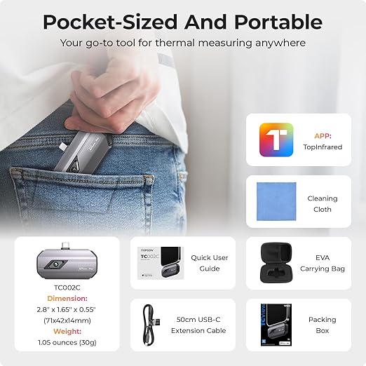 TOPDON TC002C Thermal Camera, 512 x 384 Super Resolution, 256 x 192 IR Resolution, Thermal Imager for iPhone 17/16/15 Series & iPads with Type-C Port, -4°F~1022°F Temp Range, Upgraded Version of TC002