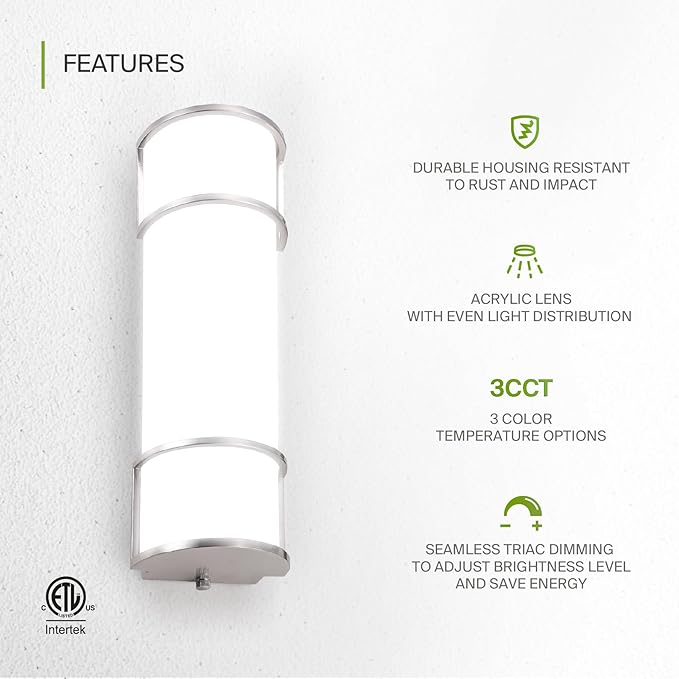 ASD LED 18" Vanity Flush Mount Light Fixture, Linear Bathroom Lighting Bar | 3CCT, Dimmable, ETL Listed | 20W 2300LM 3000-5000K 100-277V | Long Tube Bath Wall Sconce Over Mirror | Nickel, 4 Pack