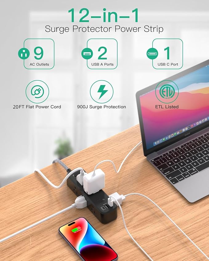 Mifaso Extension Cord, Surge Protector Power Strip, Long Extension Cord with 9 Outlets 3 USB Ports, Extension Cord with Multiple Outlets, USB Power Strip for Dorm Room Essentials, College(20FT, Black)