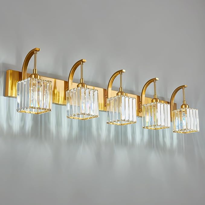 5-Light Crystal Vanity Light, Modern Gold Bathroom Wall Sconce with K9 Crystal Shades, 42.51" Long Over Mirror Lighting for Vanity, Makeup, Hallway, Elegant & Easy Installation