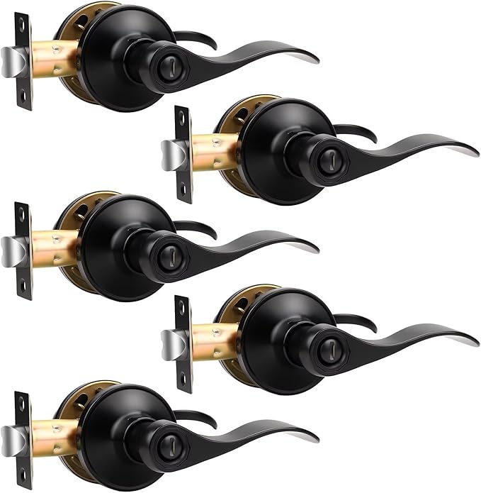 Knobonly 5 Pack Matte Black Privacy Door Levers Interior Door Handles for Bedroom and Bathroom Door Knobs Keyless Privacy Door Handles with Lock, Zinc Alloy Reversible for Right/Left