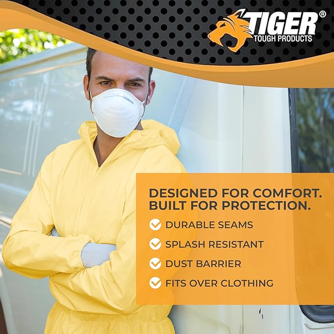 Tiger Tough Chemical Protection Coveralls, Yellow Disposable Hazmat Suit for Men & Women with Hood & Zipper