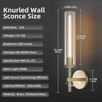 Modern Brass Hardwired Wall Sconces 2 Pack, 21'' Knurled Bathroom Wall Sconce, Indoor Wall Sconce,Copper and Tube Glass Vanity Light, for Living, Bedroom, Hallway, Staircases, Include Bulbs
