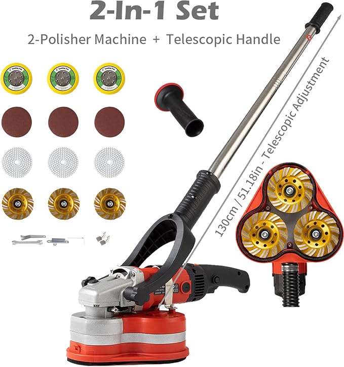 Electric Diamond Polisher Machine+Telescopic Rod 3800W 6 Speed Gears Triple Head Concrete Diamond Grinder for Metal,Stone,Cement Brick Surface Grinding,Epoxy Resin Removal Rock Granite
