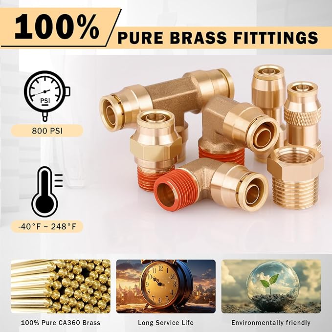 CheeMuii 86 PCS Brass DOT Air Line Fittings with 100FT 1/4" and 50FT 3/8" DOT Air Line Kit Push Lock Air Fitting Quick Connect & NPT Thread Fittings with Pneumatic Tubing