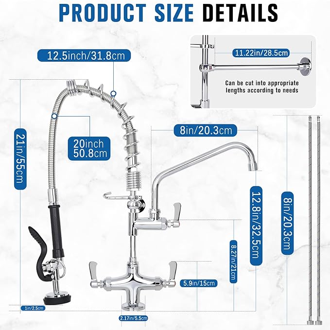 21" Height Commercial Sink Faucet Deck Mount with Pre-Rinse Sprayer, Commercial Kitchen Faucet with 8" Add-on Swing Spout Faucet & Spring Pull Down Sprayer, 8" Adjustable Center Kitchen Faucet