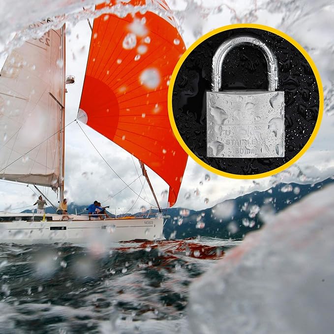 Stainless Steel Padlock, 304 Marine Series, Weatherproof & Rustproof Padlock for Outdoor use, 1-9/16 inch Wide, Long Shackle, Stainless Steel Body & Shackle