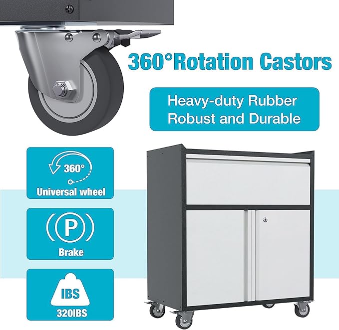 Rolling Garage Storage Cabinet with Door and Drawer, Lockable Metal Tool Cabinet on Wheels for Garage, Home, Office, Black & Gray, Assembly Required, (18.11" D x 30.31" W x 35.43" H)