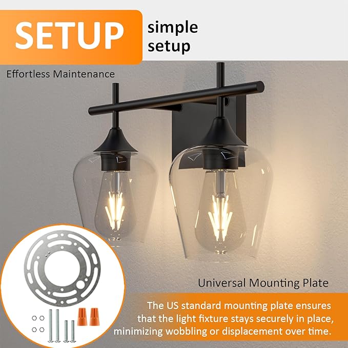 Vanity Bathroom Light, 2-Light Bathroom Light Fixtures Over Mirror, Black Vanity Lights for Bathroom with Clear Glass, Modern Wall Lamp for Cabinet Hallway, Bedroom