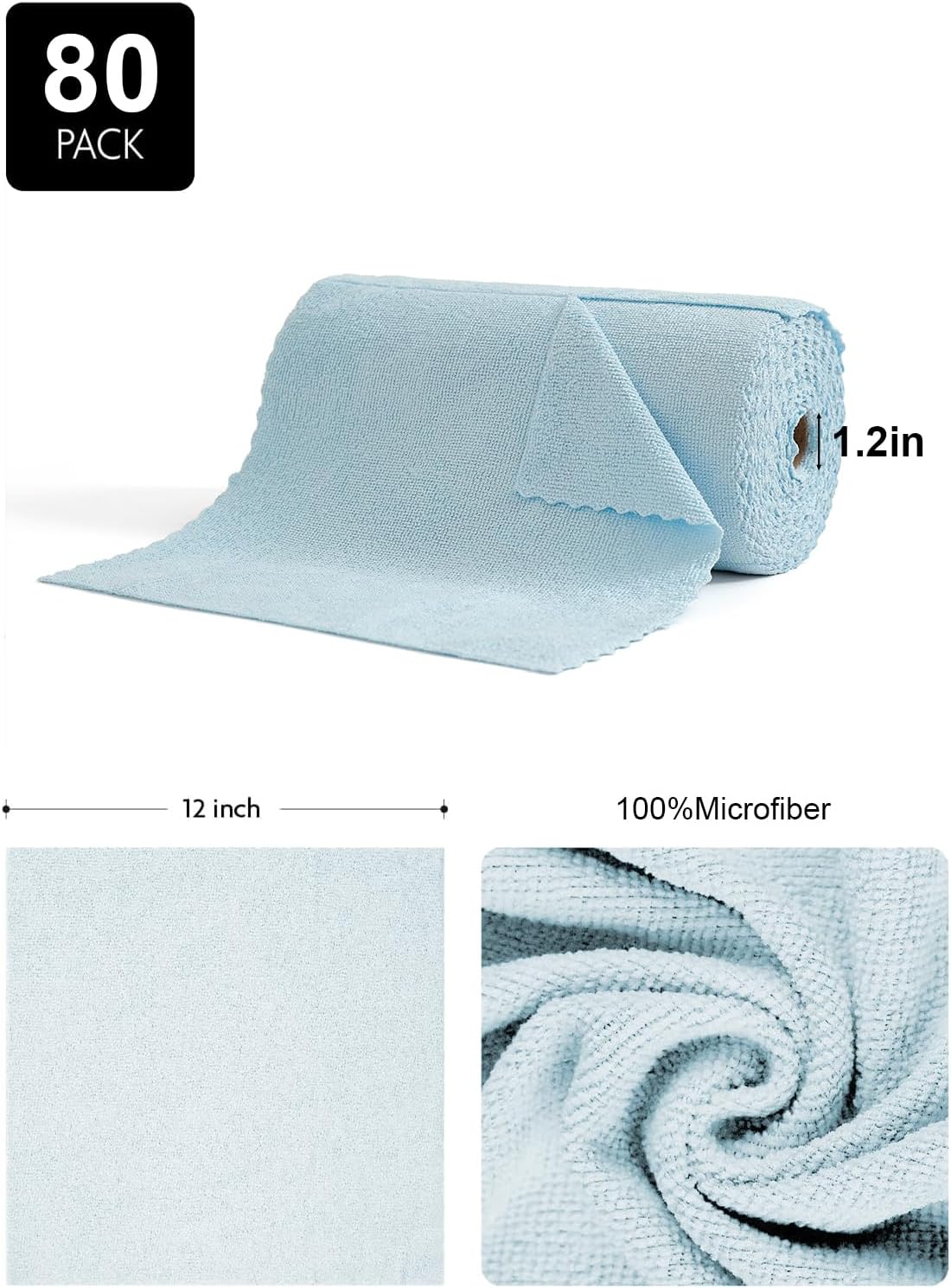 80 Pack Microfiber Cleaning Cloth Roll,Lint Free Rags & Tear Away Reusable Towels Washable Scratch,Ultra Absorbent Dish Rags(12" x 12") for Car Kitchen Home Garage-Blue