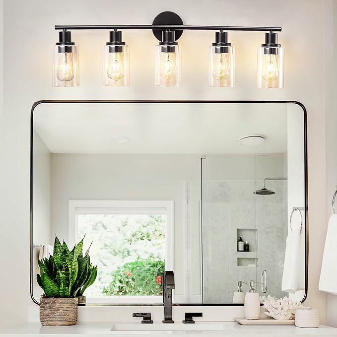 DLLT 5-Light Bathroom Light Fixtures: Black Modern Vanity Lights with E26 Bulbs - Clear Glass Shade Bathroom Wall Lamp for Mirror Kitchen Living Room Hallway Cabinet Porch