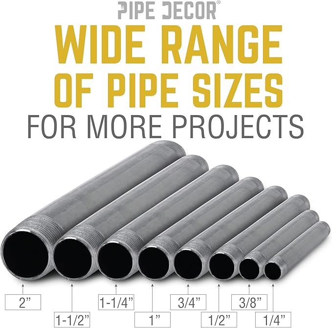 PIPE DÉCOR 1/2” x 7” Malleable Cast Iron Pipe Nipple, Pre-Cut Connectors, Industrial Steel Grey Fits Standard Half Inch Black Threaded Pipes Nipples and Fittings, Build Vintage DIY Furniture, 6 Pack