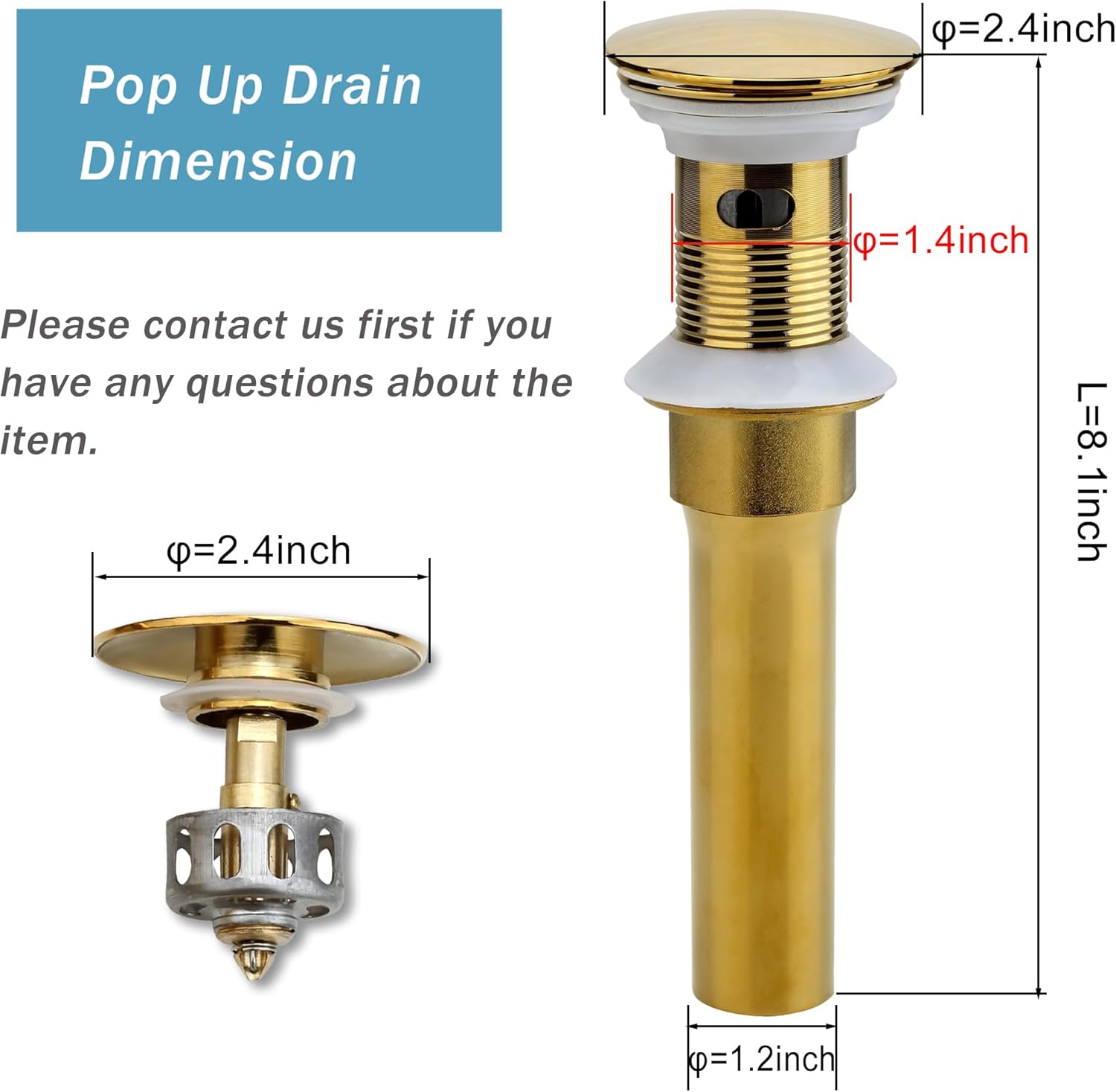 Bathroom Sink Drain, 2 Pack Gold Drain Stopper Bathroom Sink with Overflow, Pop Up Drain Assembly with Detachable Strainer Basket, Built-in Anti-Clogging Strainer,Stainless Steel