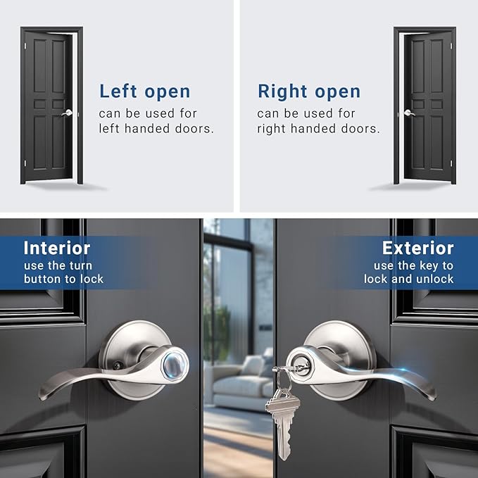 Knobonly 6 Pack Keyed Alike Bathroom/Bedroom Door Lock, Satin Nickel Front Door Handle, Exterior Door Handle, Same Key for Each Pack, Zinc Alloy