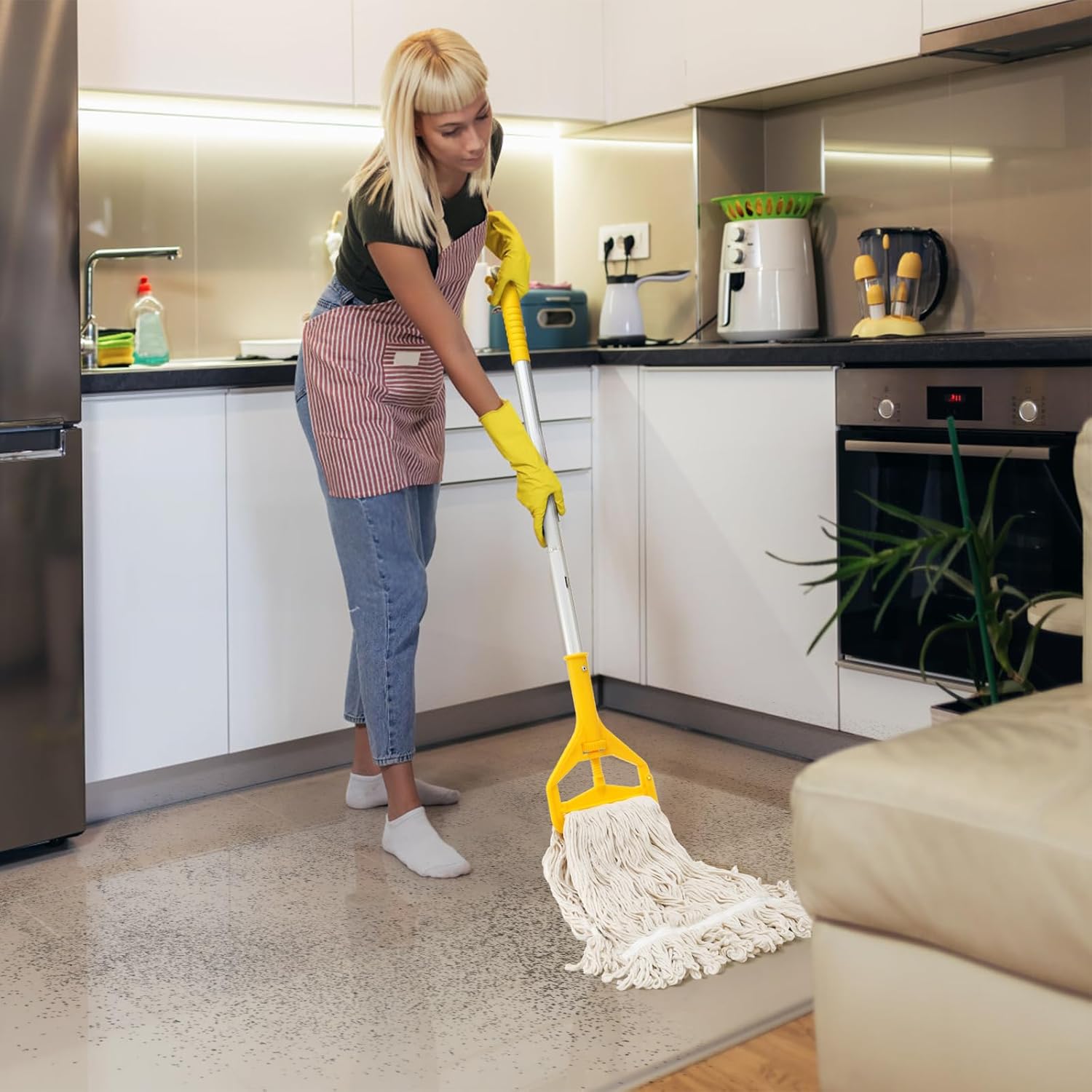 Yesland Mop with 2 Cotton Heads, Heavy Duty 61in Long Handle Looped-End String Wet Mops for Cleaning Office, Garage, Hardwood, Warehouse, Factory, Mall, Deck